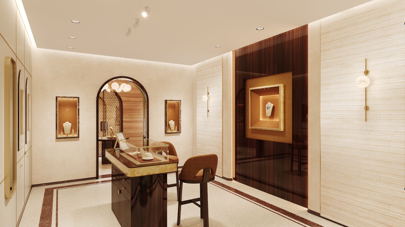 Jewellery boutique with an arched doorway, display counter and wall niches